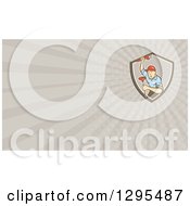 Poster, Art Print Of Cartoon Male Plumber Holding A Monkey Wrench And Plunger And Taupe Rays Background Or Business Card Design