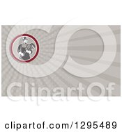 Clipart Of A Retro Male Plumber Holding A Monkey Wrench And Taupe Rays Background Or Business Card Design Royalty Free Illustration