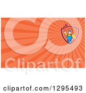 Clipart Of A Cartoon Male Plumber Holding Up A Plunger And Orange Rays Background Or Business Card Design Royalty Free Illustration