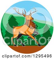 Poster, Art Print Of Cartoon Red Buck Deer In A Forest Circle