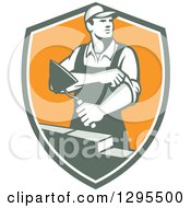 Poster, Art Print Of Retro Male Mason Worker Rolling Up His Sleeves And Laying A Brick Wall In A Shield