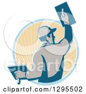 Clipart Of A Retro Male Plasterer Working And Emerging From A Blue And Tan Sunshine Circle Royalty Free Vector Illustration