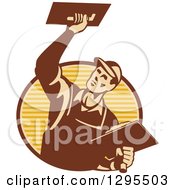 Poster, Art Print Of Retro Male Plasterer Working And Emerging From A Brown And Yellow Oval