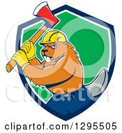 Poster, Art Print Of Lumberjack Beaver Wearing A Hard Hat And Wielding An Axe In A Blue White And Green Shield