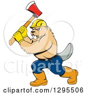 Clipart Of A Lumberjack Beaver Wearing A Hard Hat And Wielding An Axe Royalty Free Vector Illustration