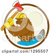 Poster, Art Print Of Retro Cartoon Lumberjack Beaver Wearing A Hard Hat And Wielding An Axe In A Brown White And Pastel Green Circle