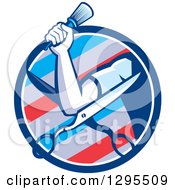 Clipart Of A Retro Barber Arm Holding A Brush Over Scissors In A Barber Pole Circle Royalty Free Vector Illustration by patrimonio