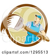 Clipart Of A Cartoon White Male House Painter With A Brush Emerging From A Brown White And Green Circle Royalty Free Vector Illustration