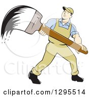 Clipart Of A Cartoon White Male House Painter With A Giant Wet Brush Royalty Free Vector Illustration