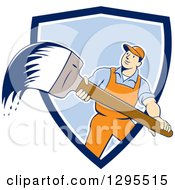 Clipart Of A Cartoon White Male House Painter With A Brush Emerging From A Blue And White Shield Royalty Free Vector Illustration