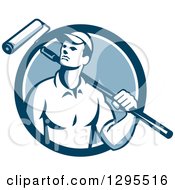 Clipart Of A Retro Male House Painter With A Roller Brush Over His Shoulder In A Blue And White Circle Royalty Free Vector Illustration