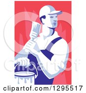 Clipart Of A Retro Male House Painter Holding A Brush And Bucket Looking Back Over Red Royalty Free Vector Illustration