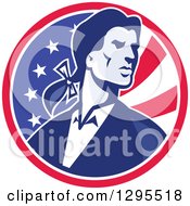 Clipart Of A Retro American Patriot Minuteman Revolutionary Soldier In An American Circle Royalty Free Vector Illustration