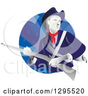 Clipart Of A Retro American Revolution Minuteman Soldier With A Musket Rifle In A Blue Star Circle Royalty Free Vector Illustration