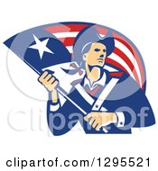 Retro American Patriot Minuteman Revolutionary Soldier Holding A Flag Banner