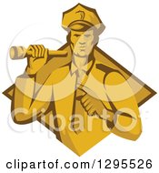 Poster, Art Print Of Retro Male Police Officer Or Security Guard Shining A Flashlight And Pointing Over A Yellow And Brown Diamond