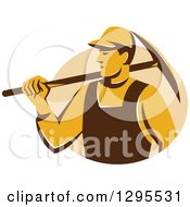 Retro Male Coal Miner Holding A Pickaxe In A Tan Circle
