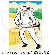 Retro White Male Miner Working With A Pickaxe