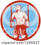 Retro Male Crossfit Or Gymnast Athlete Doing Kipping Pull Ups On Still Rings In A Red White And Blue Circle