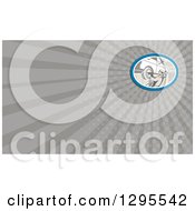 Clipart Of A Retro Car Mechanic Working On Tires In A Garage And Gray Rays Background Or Business Card Design Royalty Free Illustration