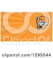 Poster, Art Print Of Cartoon Male Mechanic Worker Holding A Giant Wrench And A Tire And Orange Rays Background Or Business Card Design