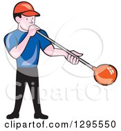 Cartoon White Male Worker Blowing Glass