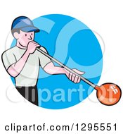 Poster, Art Print Of Cartoon White Male Worker Blowing Glass And Emerging From A Blue Circle