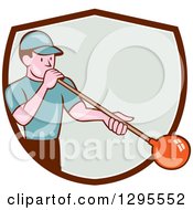 Poster, Art Print Of Cartoon White Male Worker Blowing Glass And Emerging From A Brown White And Pastel Green Shield