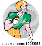Poster, Art Print Of Cartoon White Male Gridiron American Football Player Holding The Ball And Emerging From A Gray Circle