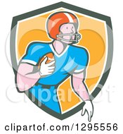 Poster, Art Print Of Cartoon White Male Gridiron American Football Player Holding The Ball And Emerging From A Green White And Yellow Shield