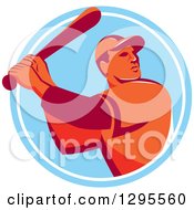 Clipart Of A Retro Red And Orange Male Baseball Player Batting Inside A Blue And White Circle Royalty Free Vector Illustration