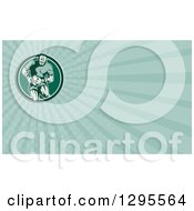 Clipart Of A Retro Rugby Player And Pastel Green Rays Background Or Business Card Design Royalty Free Illustration