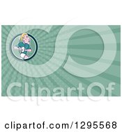Clipart Of A Cartoon Rugby Player And Pastel Green Rays Background Or Business Card Design Royalty Free Illustration