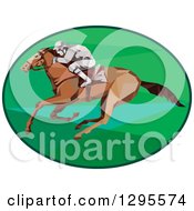 Clipart Of A Retro Low Poly Horse Racing Jockey In A Green Oval Royalty Free Vector Illustration