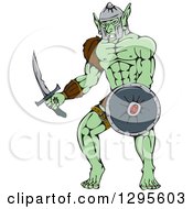 Clipart Of A Cartoon Orc Warrior With A Shield And Sword Royalty Free Vector Illustration