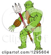 Poster, Art Print Of Cartoon Orc Warrior With A Trident