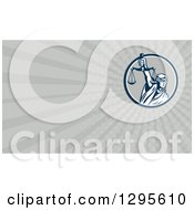 Clipart Of A Retro Lady Justice With Scales And Gray Rays Background Or Business Card Design Royalty Free Illustration