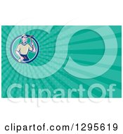 Clipart Of A Cartoon Male Window Cleaner Washer And Turquoise Rays Background Or Business Card Design Royalty Free Illustration