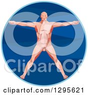 Clipart Of A Retro Low Poly Davinci Vitruvian Man In A Blue Circle Royalty Free Vector Illustration by patrimonio