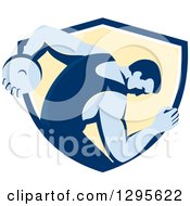 Poster, Art Print Of Retro Male Discus Thrower Emerging From A Blue White And Yellow Shield
