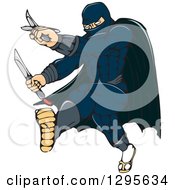 Cartoon Masked Ninja Warrior Super Hero Kicking And Holding A Knife And Sword