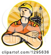 Retro Male Off Shore Worker And Oil Platform In A Circle Of Orange Sunshine