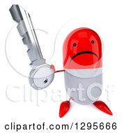 Clipart Of A 3d Unhappy Red And White Pill Character Holding Up A Key Royalty Free Illustration