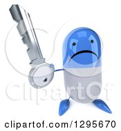 Clipart Of A 3d Unhappy Blue And White Pill Character Holding Up A Key Royalty Free Illustration