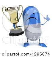 Clipart Of A 3d Unhappy Blue And White Pill Character Holding Up A Finger And A Trophy Royalty Free Illustration
