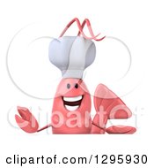 Clipart Of A 3d Happy Pink Chef Shrimp Welcoming Over A Sign Royalty Free Illustration