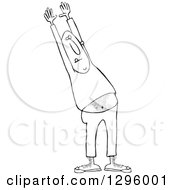 Clipart Of A Cartoon Black And White Chubby And Hairy Man Stretching In Sweats Royalty Free Vector Illustration