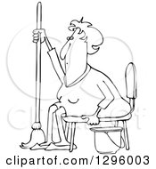 Clipart Of A Black And White Tired Or Lazy Sitting Senior Woman With A Mop And Bucket Royalty Free Vector Illustration