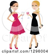 Beautiful Brunette And Blond Caucasian Women Toasting With Red And White Wine