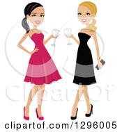 Clipart Of Beautiful Brunette And Blond Caucasian Women Toasting With White Wine Royalty Free Vector Illustration by Monica